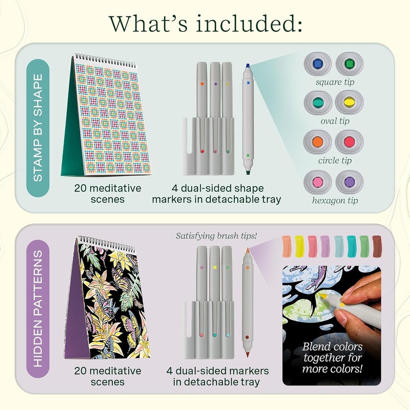 LifeLines FlowArt Activity Pads, 2-Pack with 8 Double-Sided Markers, 40 Scenes & Bonus Pad - Guided Dot Art Meditations - Stamp-by-Shape & Hidden Patterns Coloring Books for Tweens, Adults & Seniors - Image 3